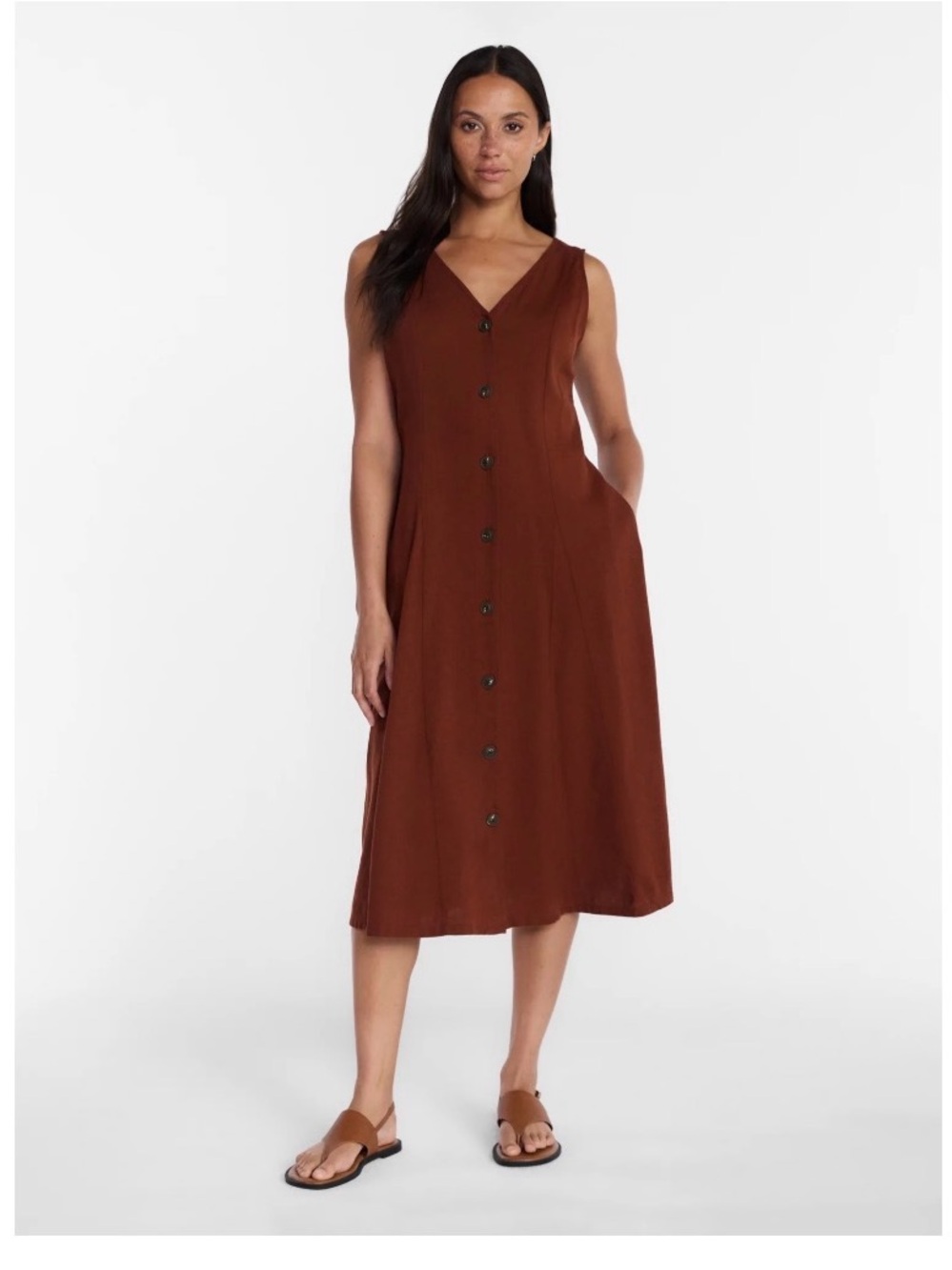 Time and Tru Sleeveless Button-Front Midi Dress in Deep Brown